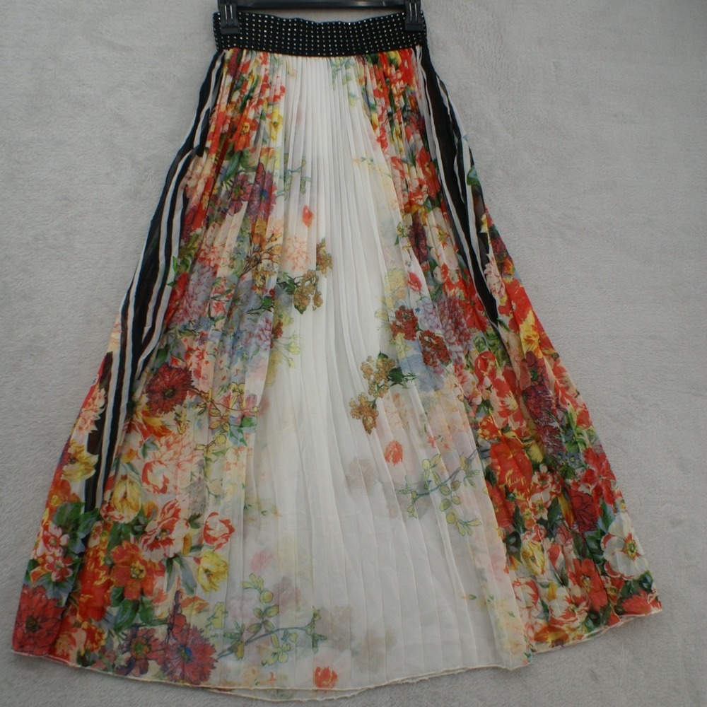 Magic Floral Maxi Skirt Womens Large Pleated Striped Studded Waist Boho Multi